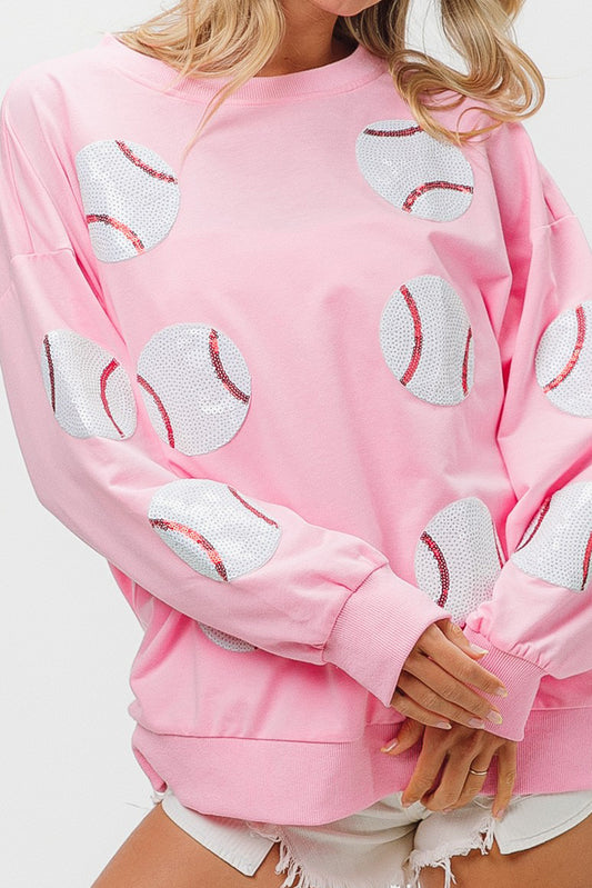 Pink Sequin Baseball Patched Pullover Sweatshirt Pink 70%Polyester+30%Cotton Graphic Sweatshirts JT's Designer Fashion