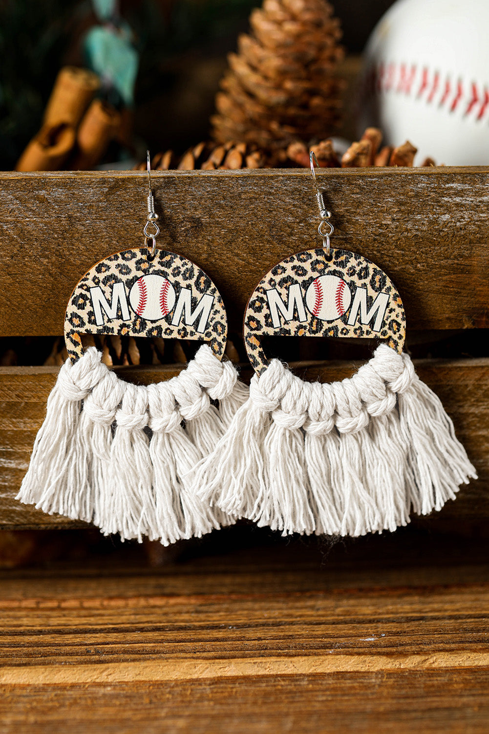 White Leopard Rugby MOM Print Fringed Hook Earrings Jewelry JT's Designer Fashion