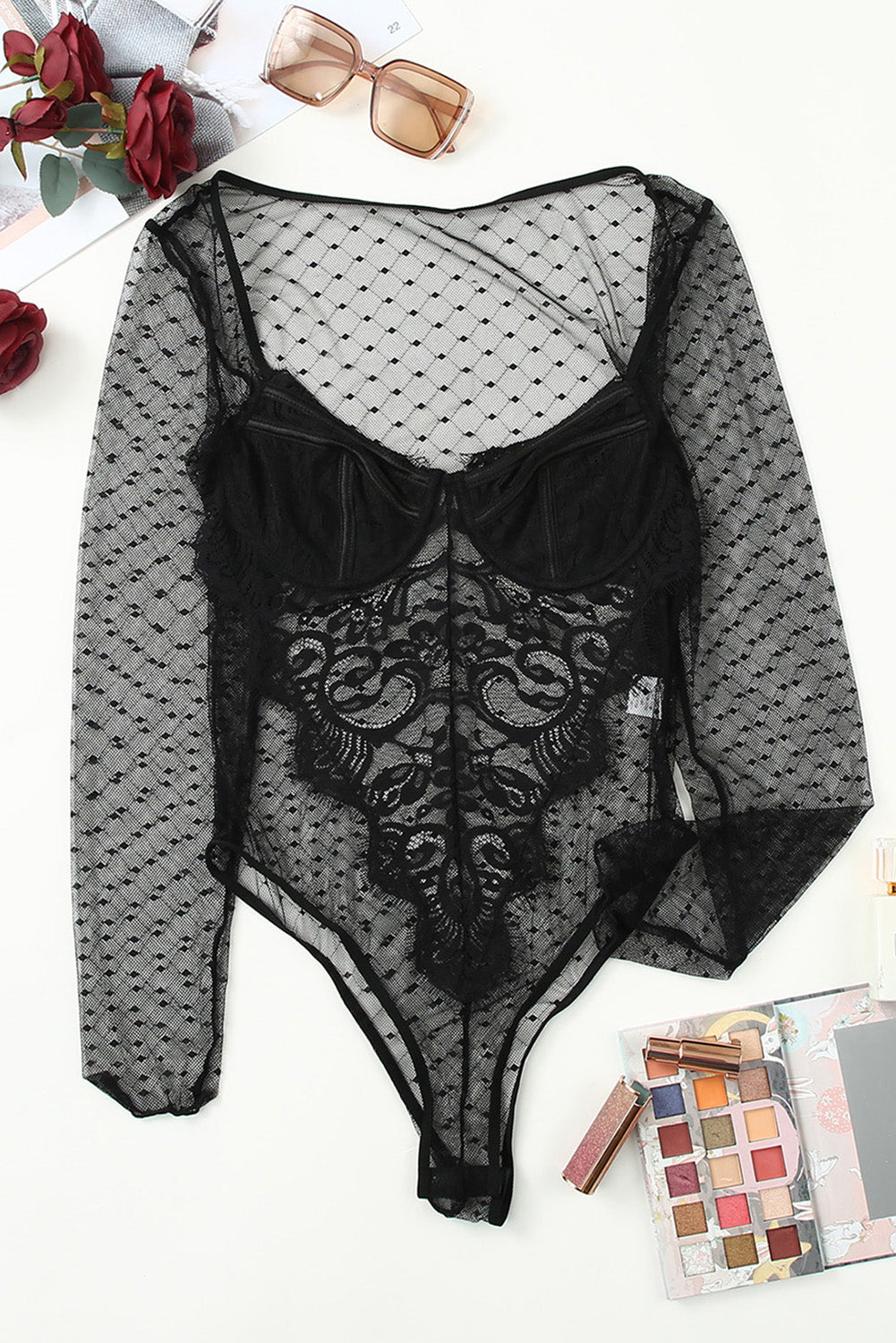 Black Long Sleeve Mesh Lace Bralette Bodysuit Bodysuits JT's Designer Fashion