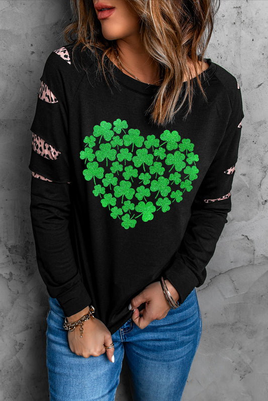 Black Clover Heart Print Leopard Splicing Pullover Sweatshirt Graphic Sweatshirts JT's Designer Fashion