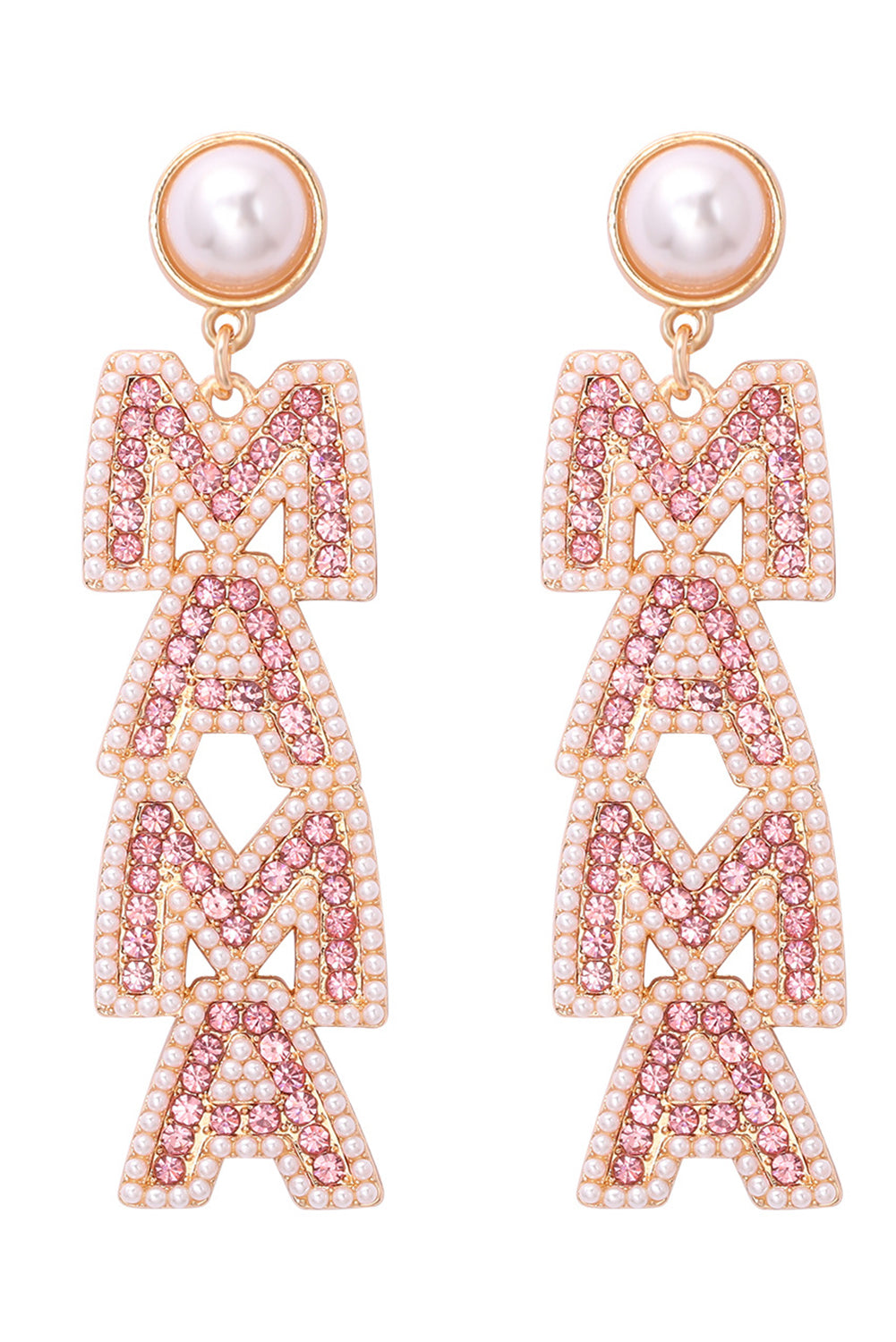 Apricot Pink MAMA Rhinestone Pearl Dangle Stud Earrings Jewelry JT's Designer Fashion