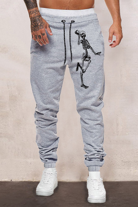Gray Skeleton Print Drawstring Elastic Waist Men's Sweatpants Gray 65%Polyester+35%Cotton Men's Pants JT's Designer Fashion