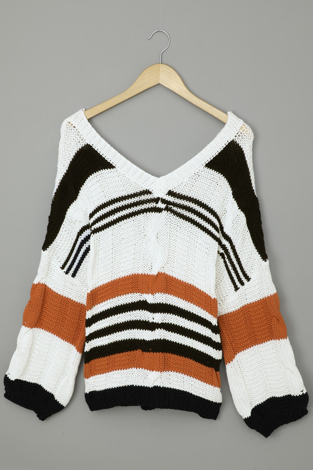 Brown Stripe Color Block Bubblegum V-Neck Braided Knit Sweater Sweaters & Cardigans JT's Designer Fashion