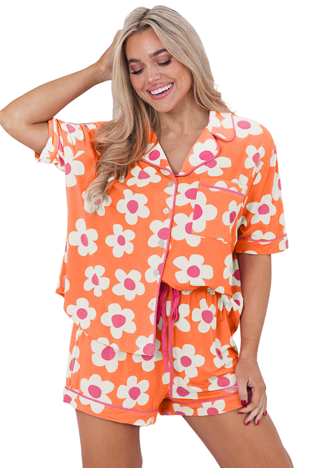 Orange Flower Print Short Sleeve Shirt Pajamas Set Pre Order Loungewear JT's Designer Fashion
