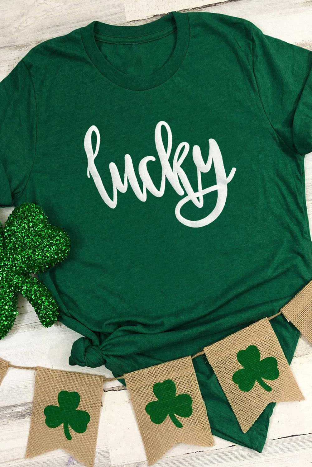 Green St. Patricks Lucky Puff Print Round Neck Casual Tee Graphic Tees JT's Designer Fashion