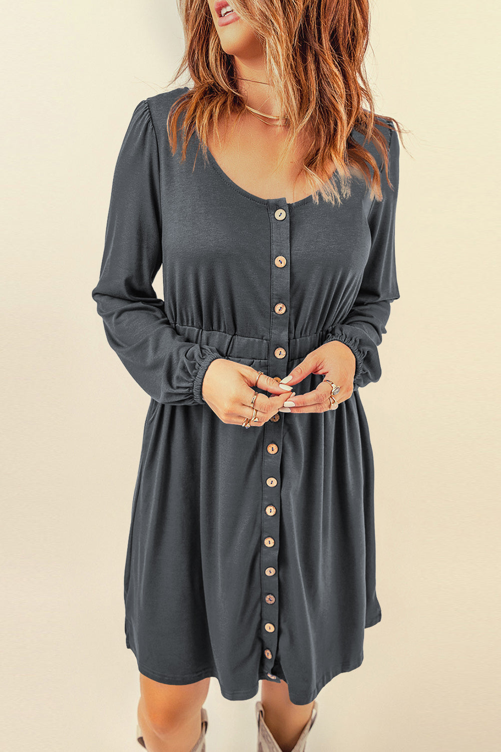 Gray Button Up High Waist Long Sleeve Dress Midi Dresses JT's Designer Fashion