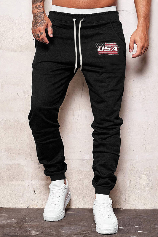 Black USA Flag Print Pocket Drawstring Waist Men's Sweatpants Black 65%涤纶+35%棉 Men's Pants JT's Designer Fashion