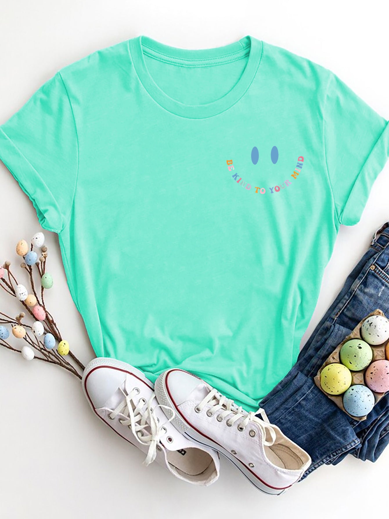 Letter Graphic Round Neck Short Sleeve T-Shirt Tiffany Blue Graphic Tees JT's Designer Fashion
