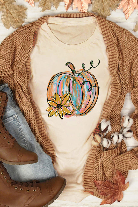 Khaki Pumpkin with Flower Graphic T Shirt Graphic Tees JT's Designer Fashion