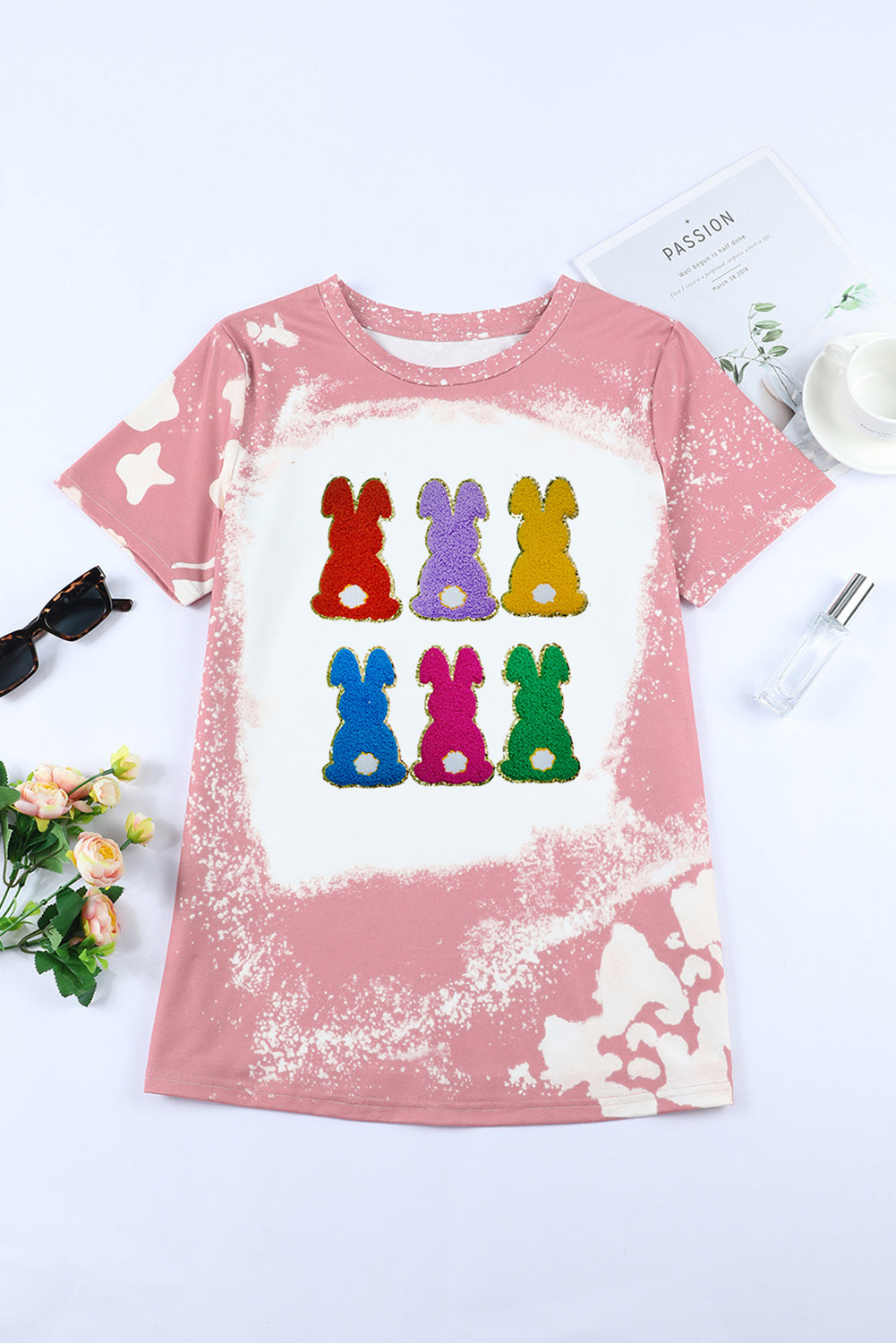 Pink Easter Rabbit Chenille Tie-Dye Contrast T-Shirt Graphic Tees JT's Designer Fashion