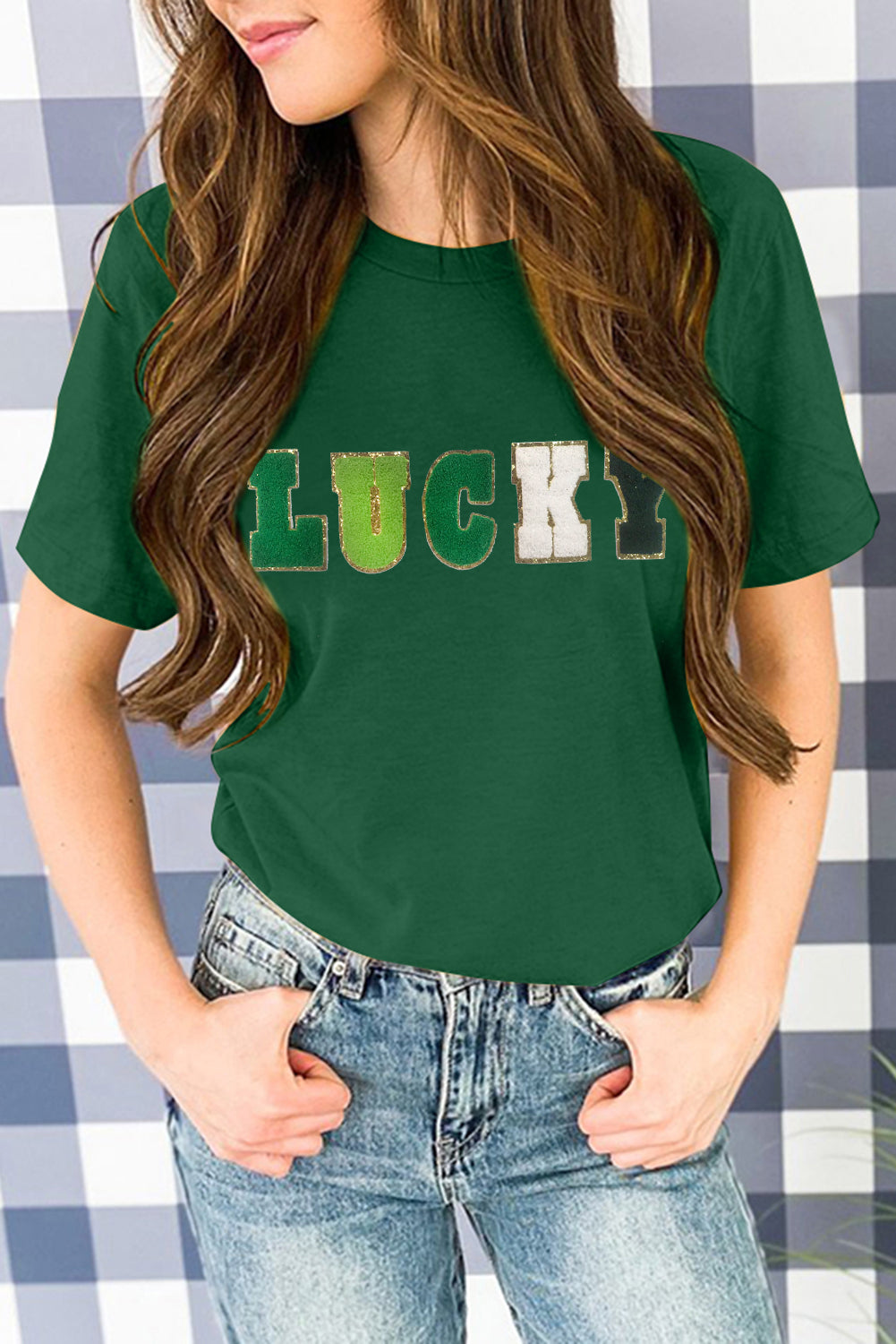 Green LUCKY Glitter Chenille Patched Crew Neck T Shirt Graphic Tees JT's Designer Fashion