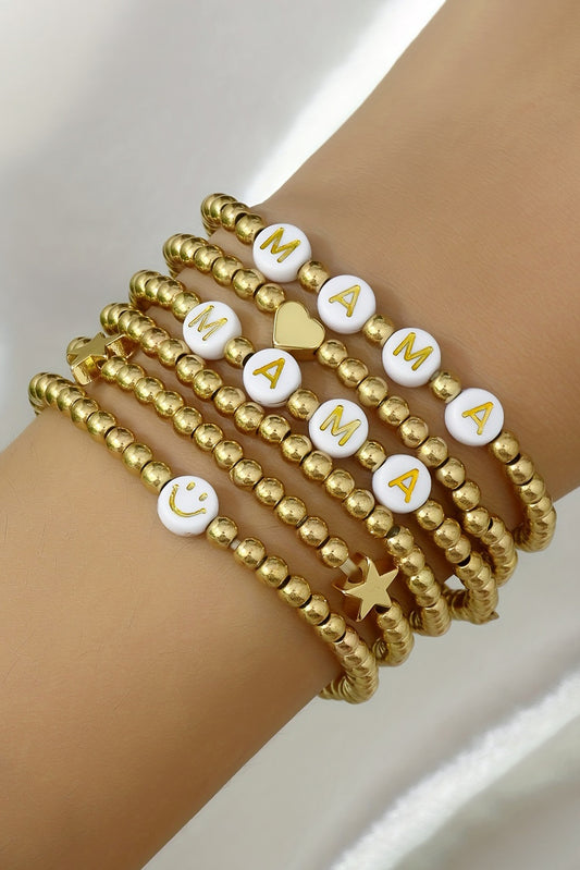Gold 6Pcs MAMA Heart Star Shape Beaded Bracelet Set Jewelry JT's Designer Fashion