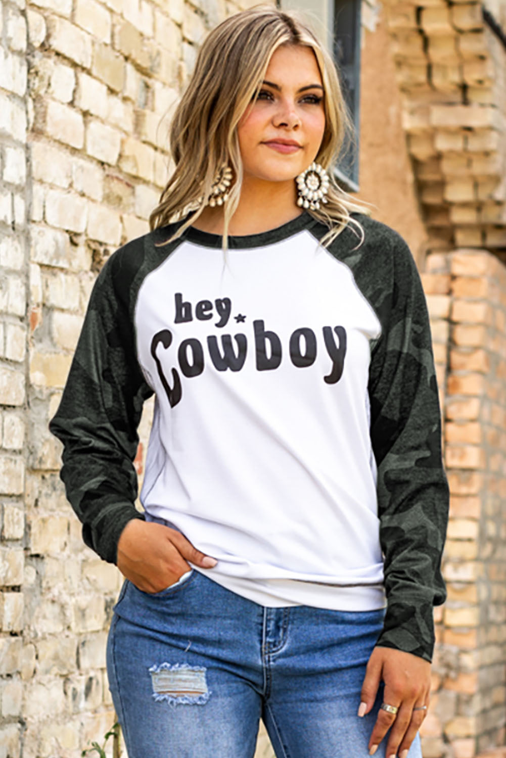Camo Sleeve hey Cowboy Graphic Sweatshirt Graphic Sweatshirts JT's Designer Fashion