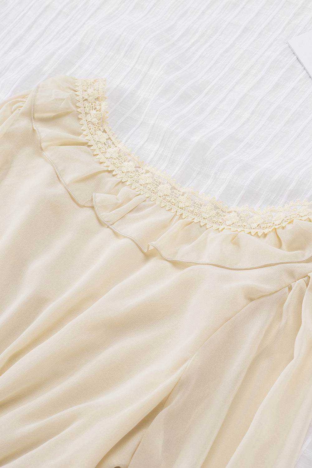 Beige Lacy V Neck Ruffled Mini Dress Mini Dresses JT's Designer Fashion