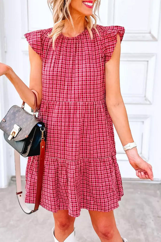 Red Clay Plaid Print Flutter Sleeve Ruffle Tiered Mini Dress Mini Dresses JT's Designer Fashion