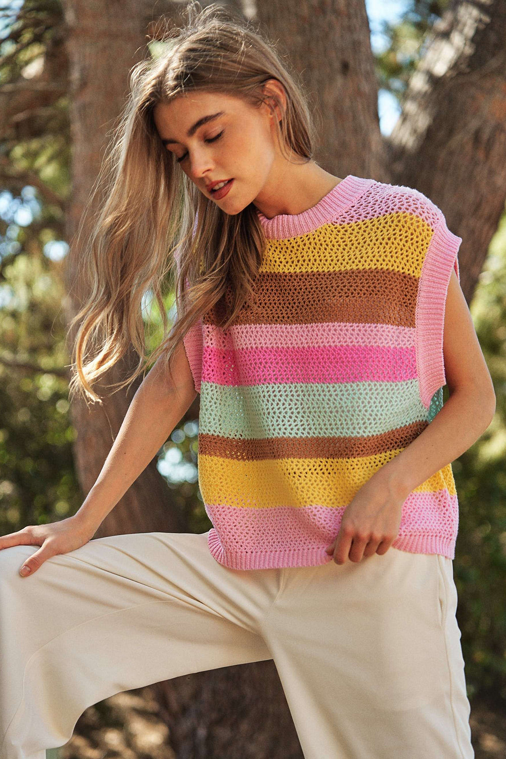 Pink Stripe Hollowed Crochet Cap Sleeve Loose Fit Sweater T Shirt Pre Order Sweaters & Cardigans JT's Designer Fashion