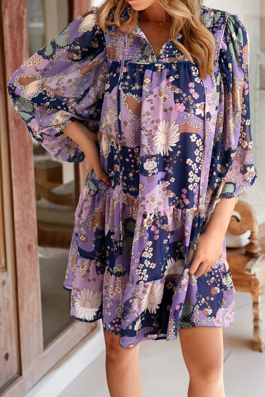 Purple Vintage Daisy Floral Puff Sleeve Ruffle Short Dress Floral Dresses JT's Designer Fashion
