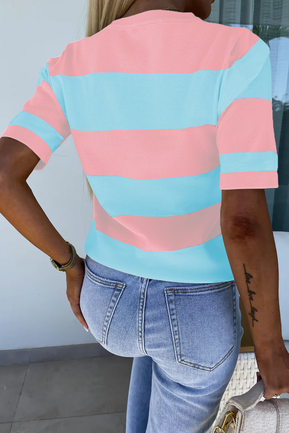 Pink Stripe Colorblock Striped Knitted T shirt Pre Order Sweaters & Cardigans JT's Designer Fashion