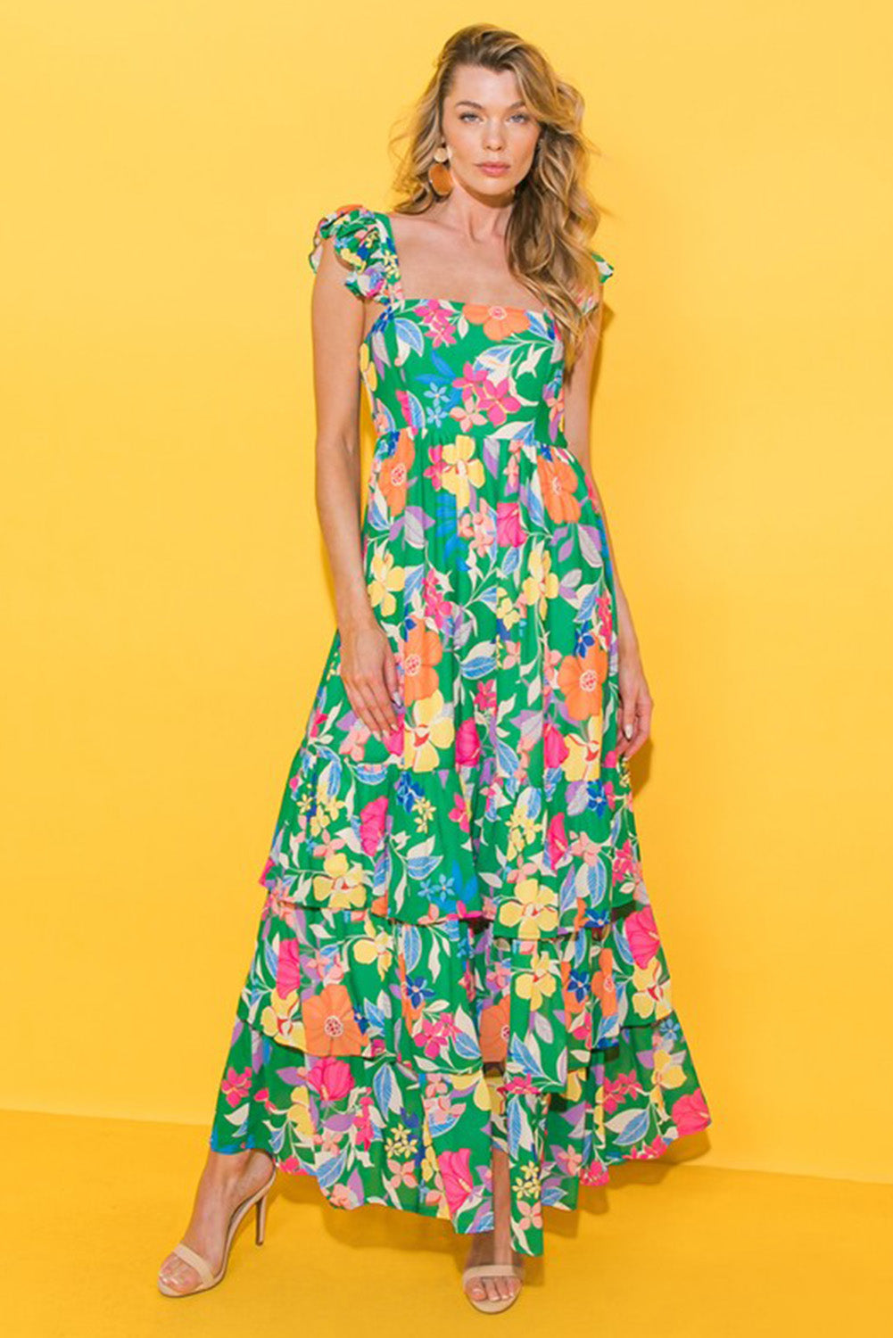Green Floral Print Sleeveless Ruffle Tiered Maxi Dress Pre Order Dresses JT's Designer Fashion