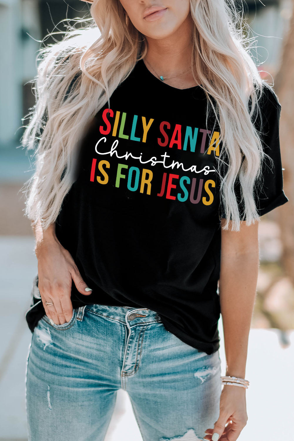 Black Silly Santa Christmas is For Jesus Graphic T Shirt Graphic Tees JT's Designer Fashion