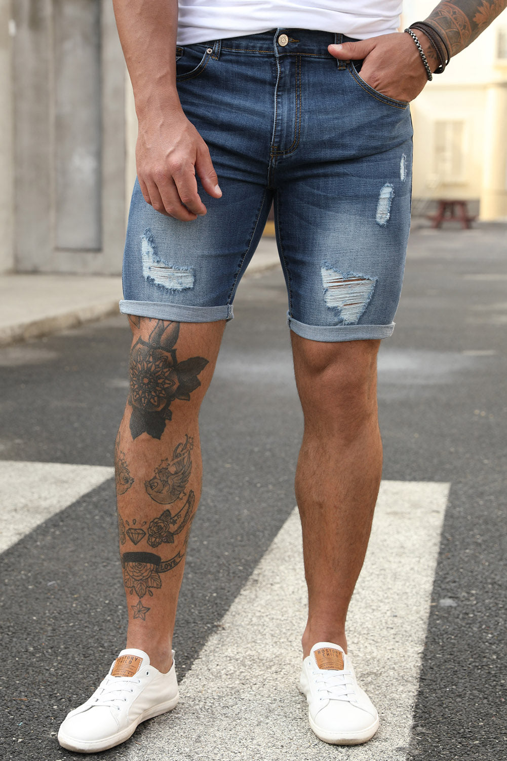 Blue Slim-fit Distressed Men's Denim Shorts Men's Pants JT's Designer Fashion