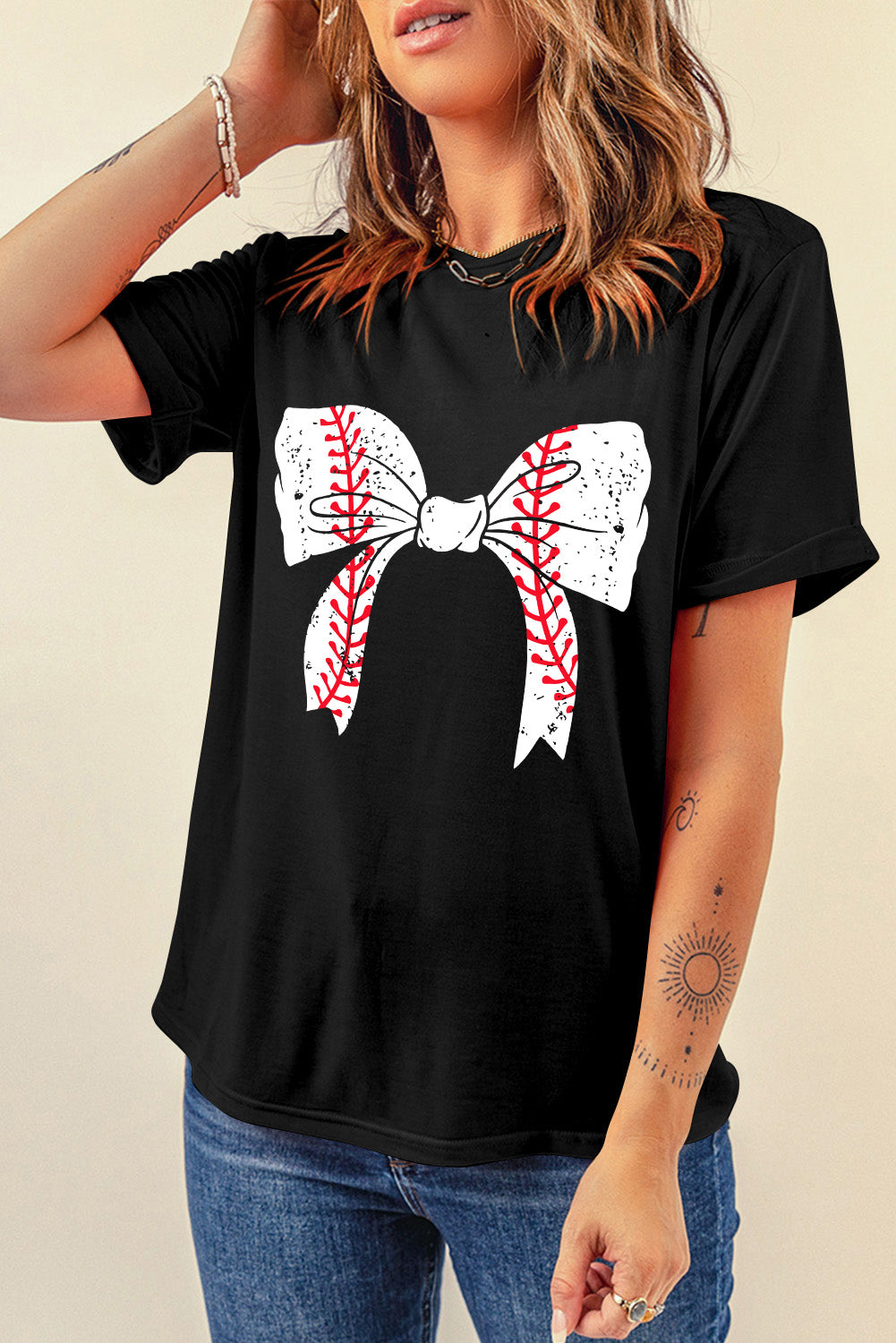 Black Baseball Bowknot Graphic Casual Tee Graphic Tees JT's Designer Fashion
