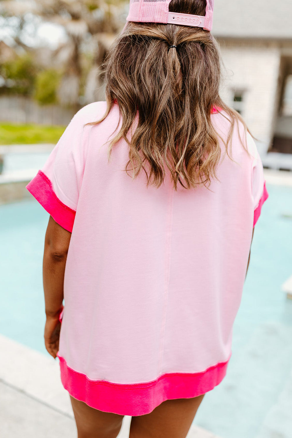 Pink Color Block Side Splits Round Neck Plus Size T Shirt Pre Order Plus Size JT's Designer Fashion