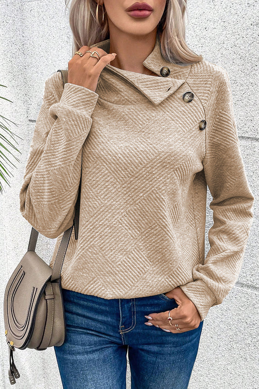 Apricot Asymmetric Buttons Detail High Neck Textured Sweatshirt Sweatshirts & Hoodies JT's Designer Fashion