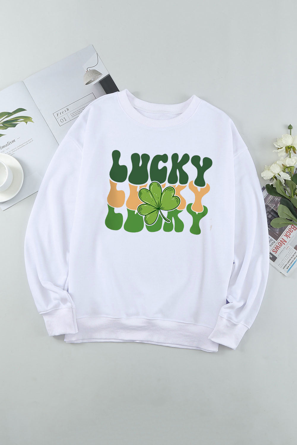 White St. Patrick LUCKY Clover Graphic Print Pullover Sweatshirt Graphic Sweatshirts JT's Designer Fashion