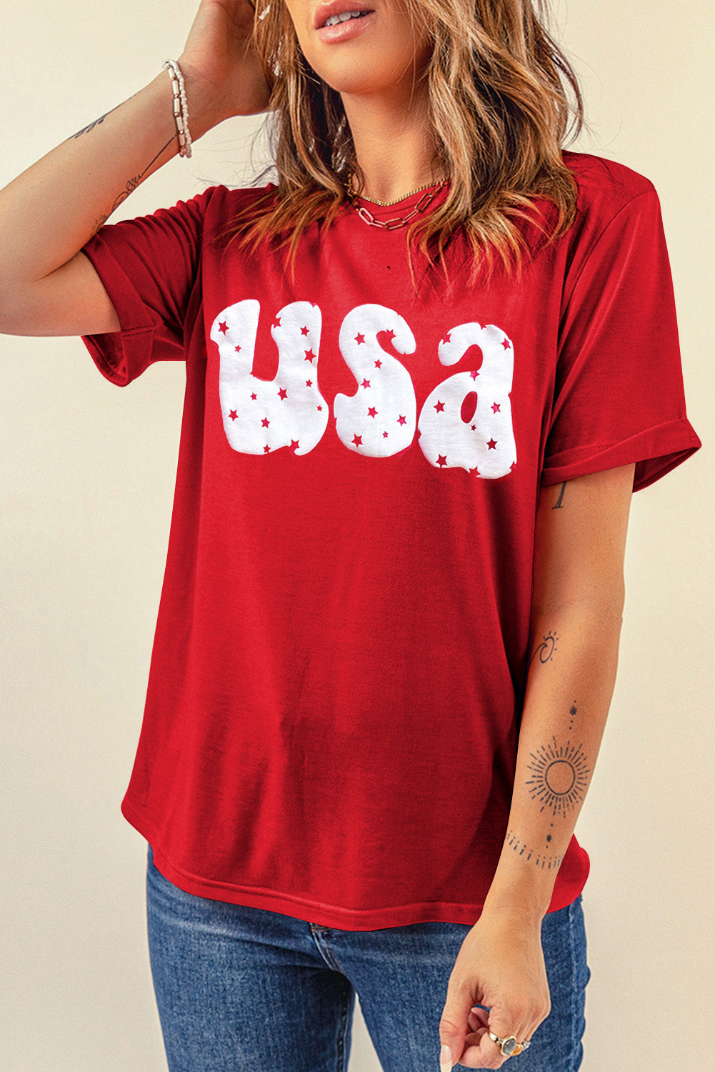 Red USA Stars Print Round Neck O Neck Casual Tee Graphic Tees JT's Designer Fashion