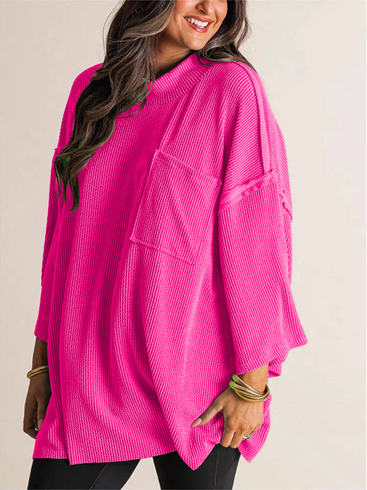 Mock Neck Dropped Shoulder T-Shirt Hot Pink T-Shirts JT's Designer Fashion