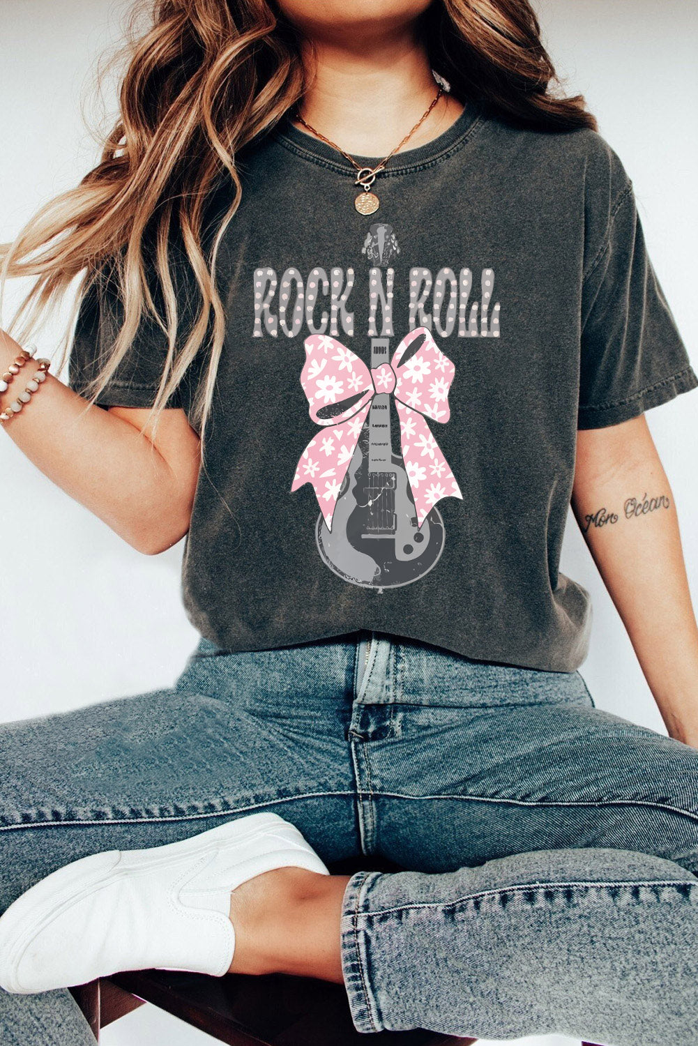 Black ROCK N ROLL Bowknot Guitar Graphic T Shirt Graphic Tees JT's Designer Fashion