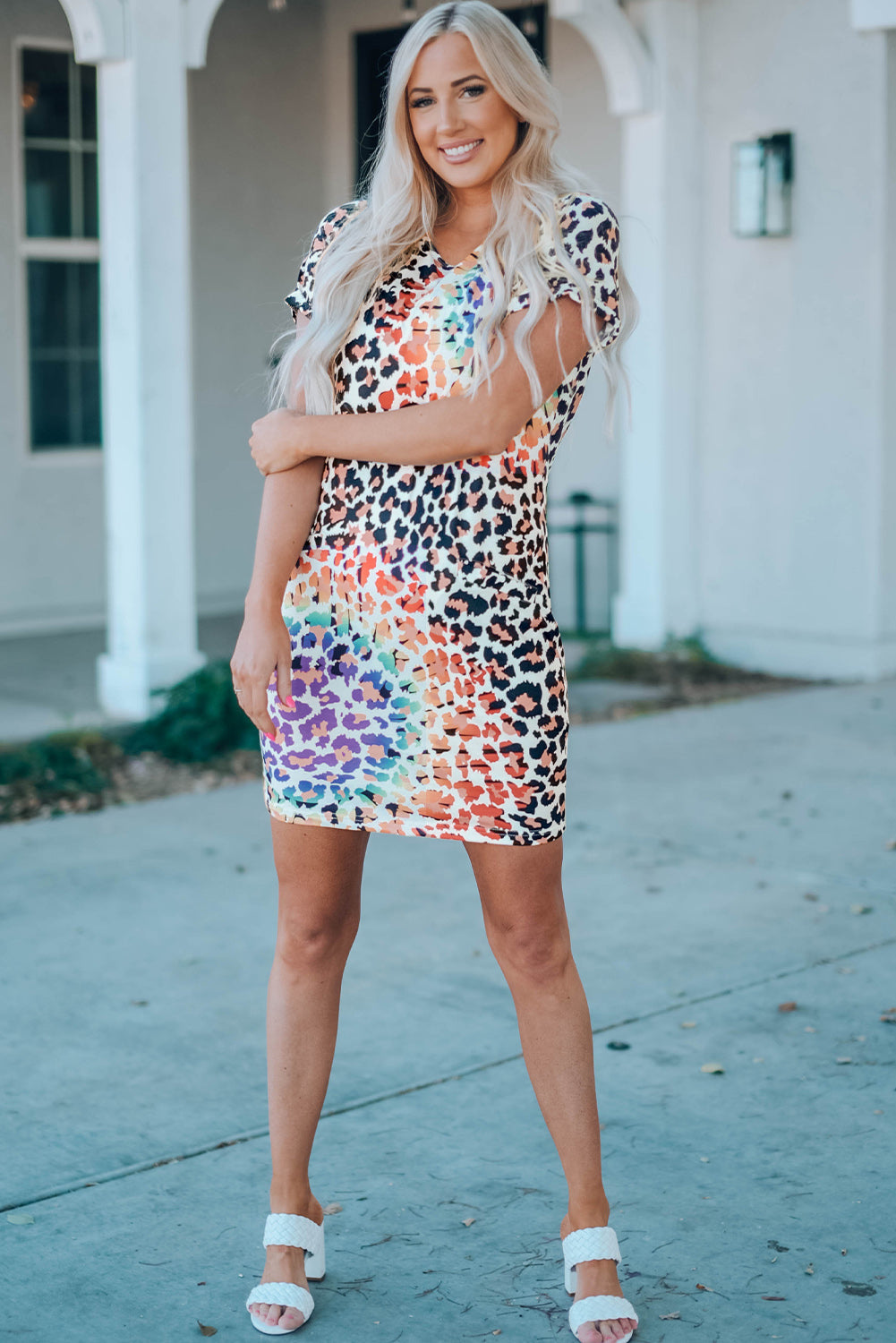 Leopard Reverse Tie Dye Rainbow Pocket Mini Dress T Shirt Dresses JT's Designer Fashion