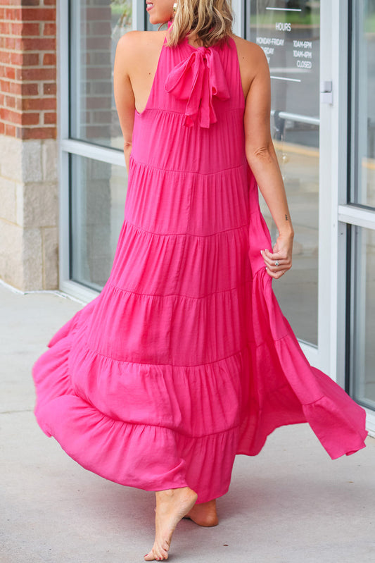 Rose Red High Frilled Neck Tiered Sleeveless Maxi Dress Rose Red 100%Cotton Maxi Dresses JT's Designer Fashion