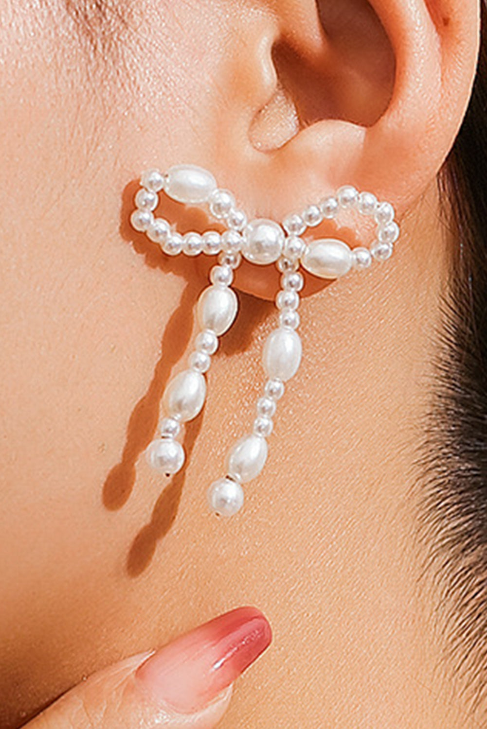 White Pearl Beaded Bowknot Studded Earrings Jewelry JT's Designer Fashion
