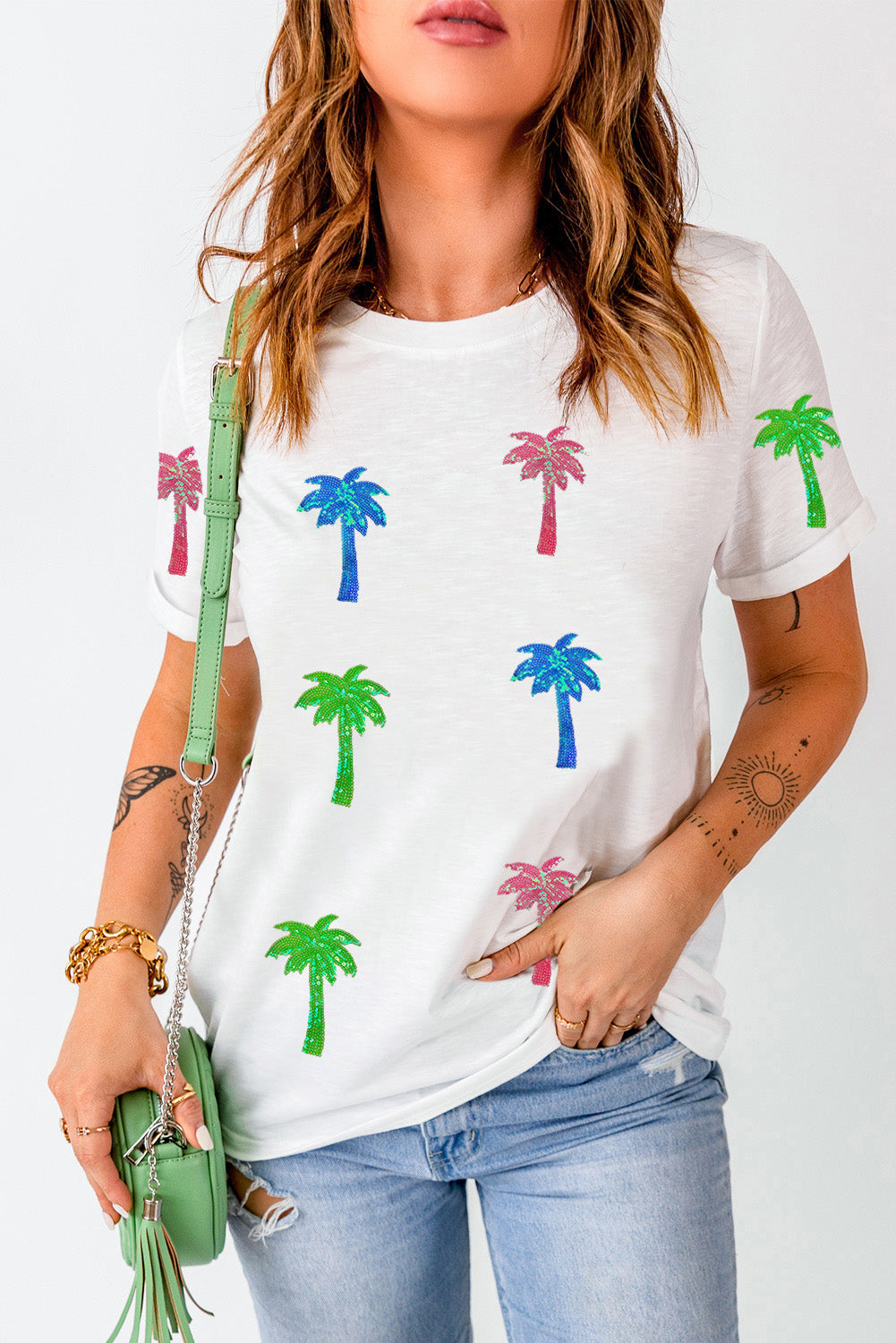 White Sequin Coconut Tree Graphic T Shirt Graphic Tees JT's Designer Fashion