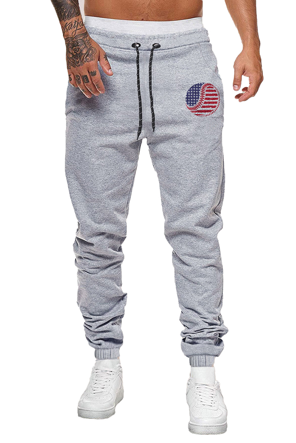 Gray American Flag Baseball Graphic Print Men's Sweatpants Men's Pants JT's Designer Fashion