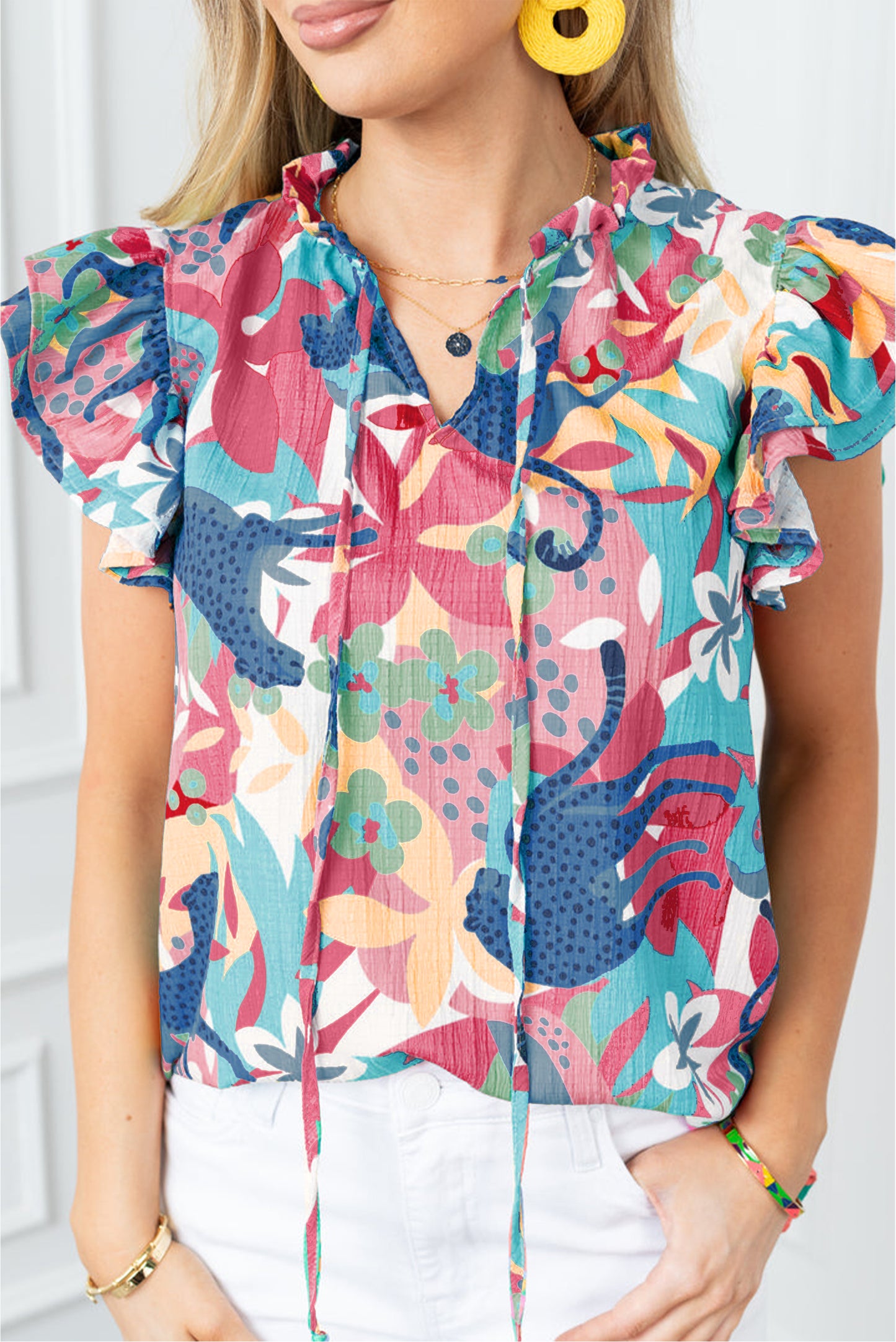 Sky Blue Frilly Ruffle Tie Split Neck Summer Floral Blouse Pre Order Tops JT's Designer Fashion