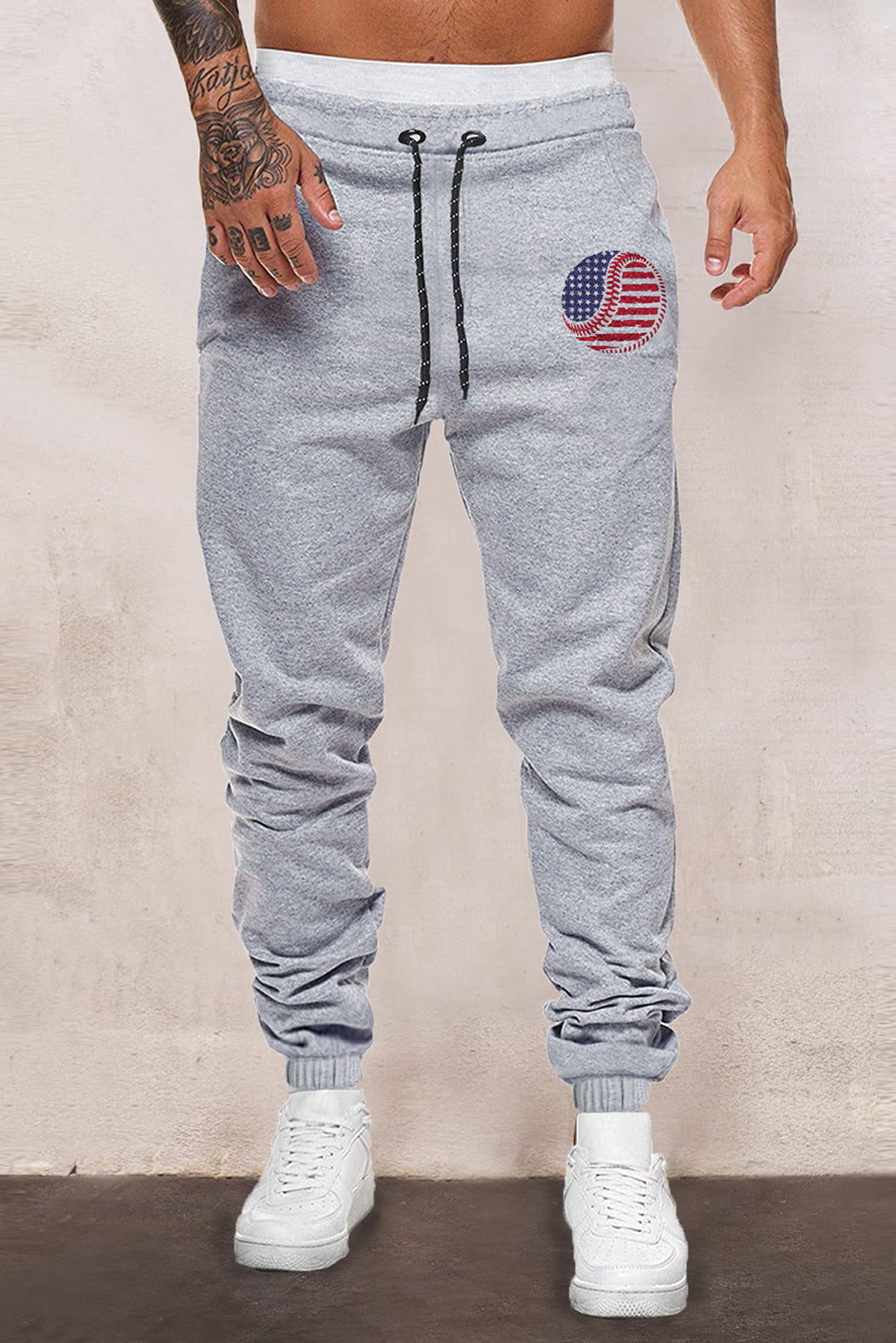 Gray American Flag Baseball Graphic Print Men's Sweatpants Gray 65%Polyester+35%Cotton Men's Pants JT's Designer Fashion
