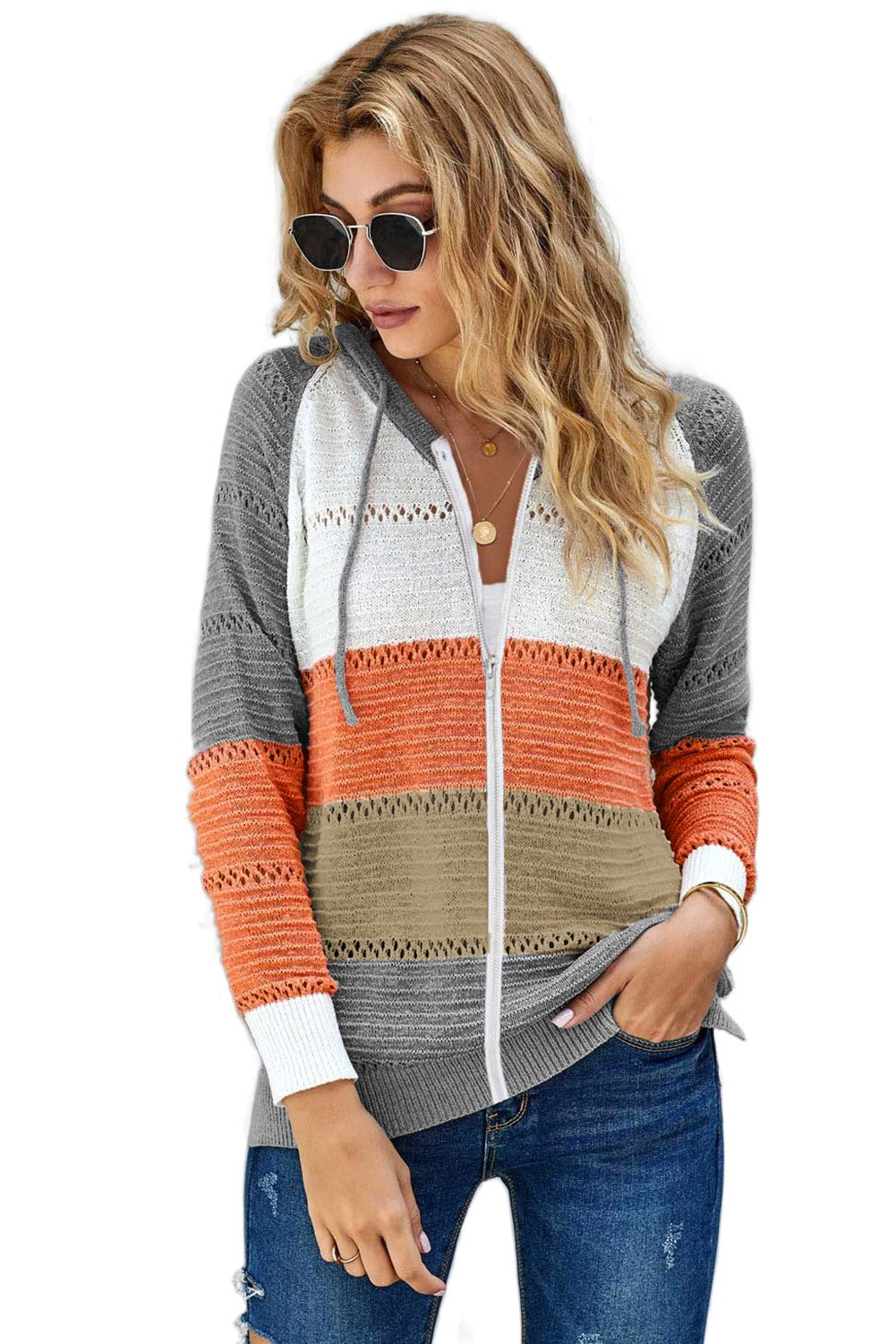 Gray Zipped Front Colorblock Hollow-out Knit Hoodie Sweatshirts & Hoodies JT's Designer Fashion