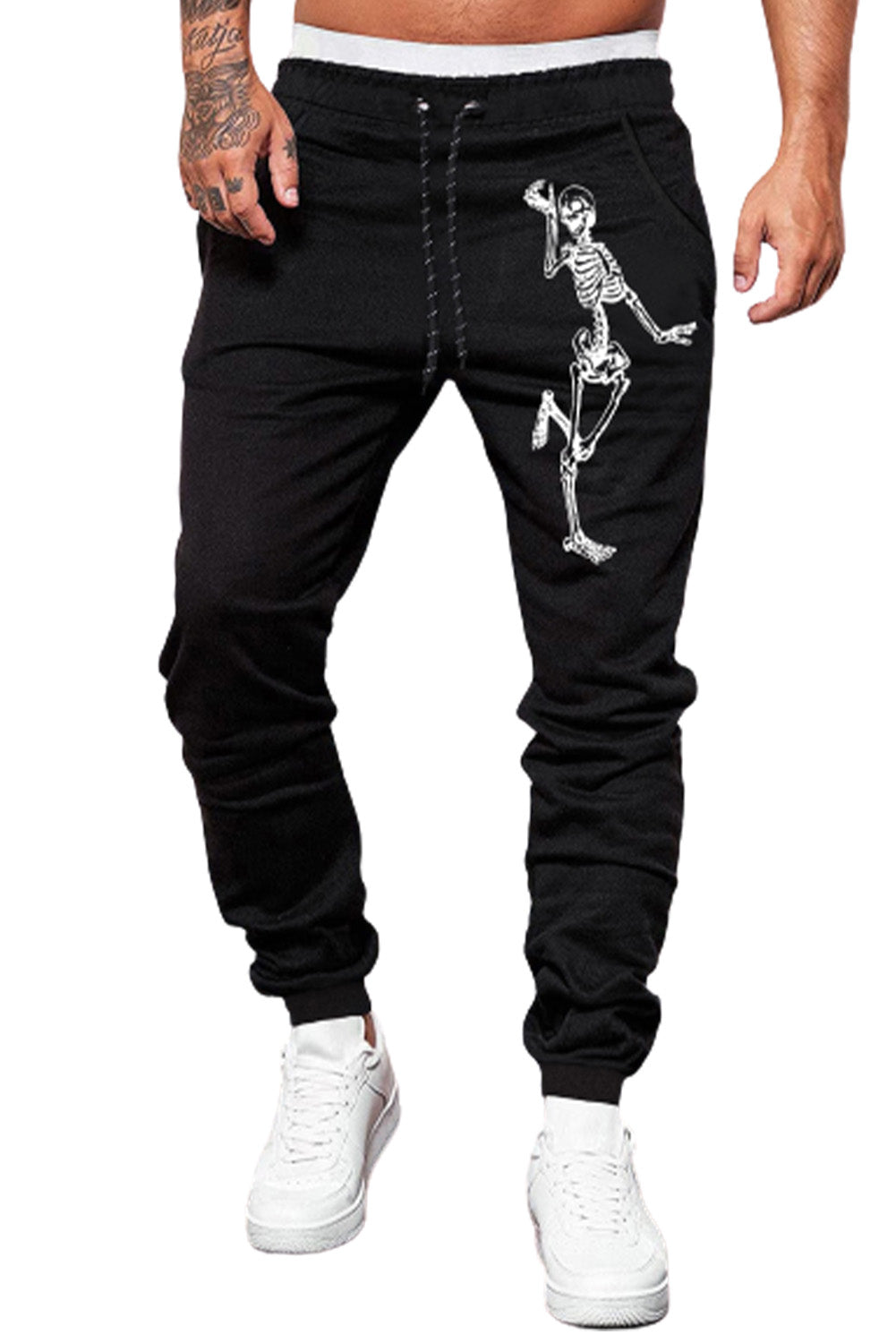 Black Skeleton Print Drawstring Elastic Waist Men's Sweatpants Men's Pants JT's Designer Fashion