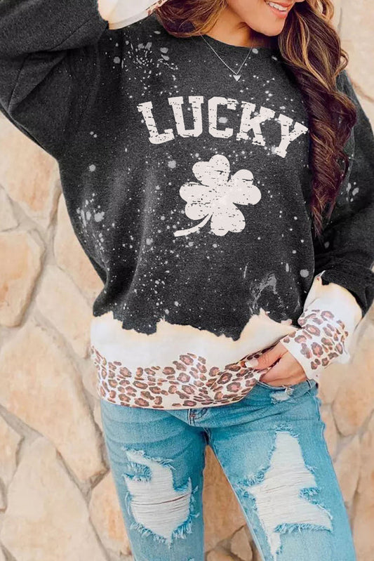 Black LUCKY Clover Leopard Bleached Graphic Sweatshirt Graphic Sweatshirts JT's Designer Fashion