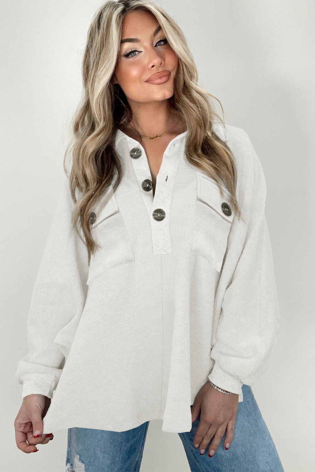 White Oversized Flap Pockets Button Collared Sweatshirt Sweatshirts & Hoodies JT's Designer Fashion