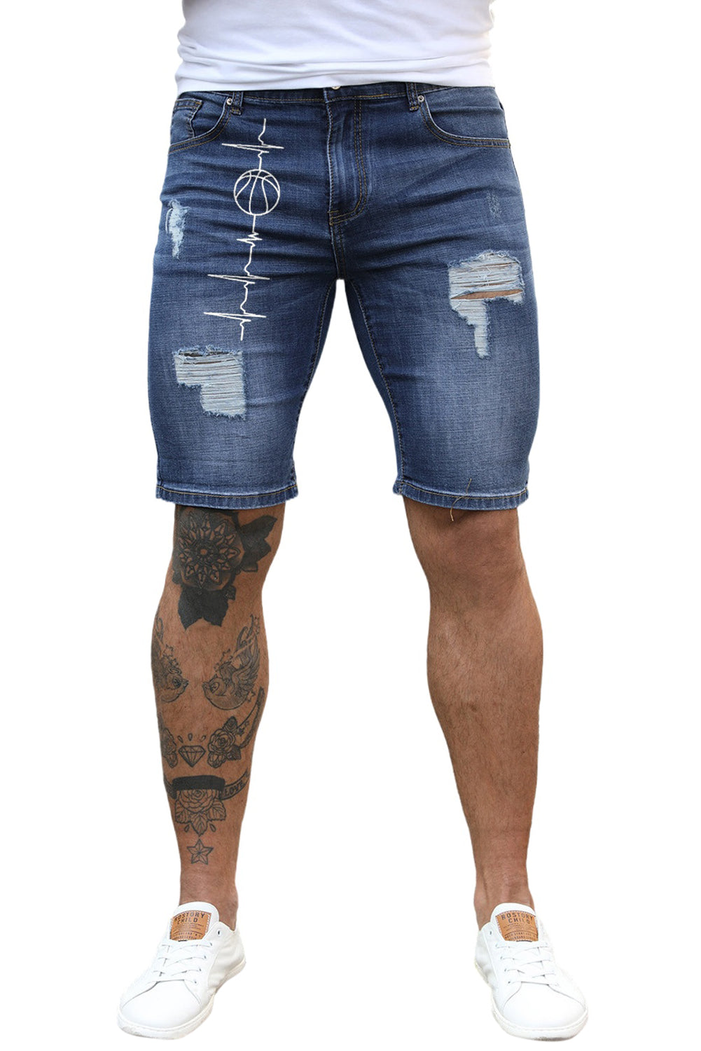 Blue Men's Basketball Printed Skinny Fit Ripped Denim Shorts Men's Pants JT's Designer Fashion