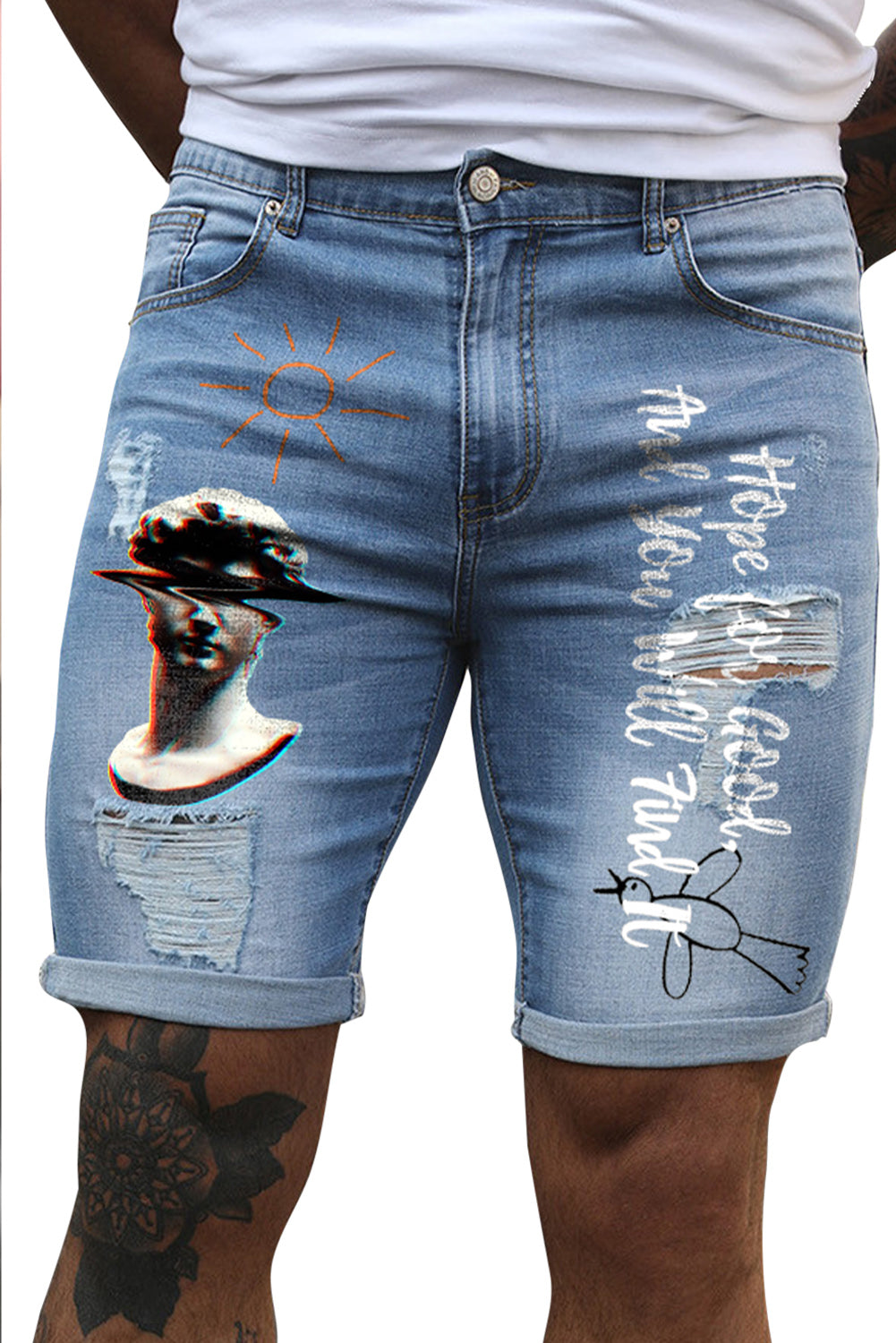Sky Blue Letters Graphic Print Skinny Fit Distressed Men's Denim Shorts Men's Pants JT's Designer Fashion