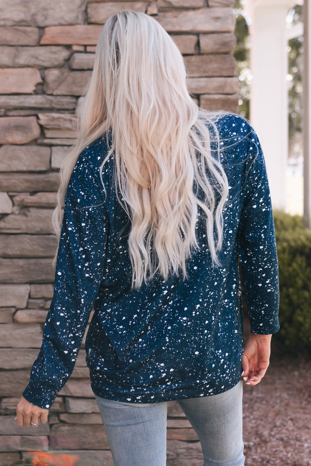 Blue 3-pattern Clover Print Bleached Sweatshirt Graphic Sweatshirts JT's Designer Fashion