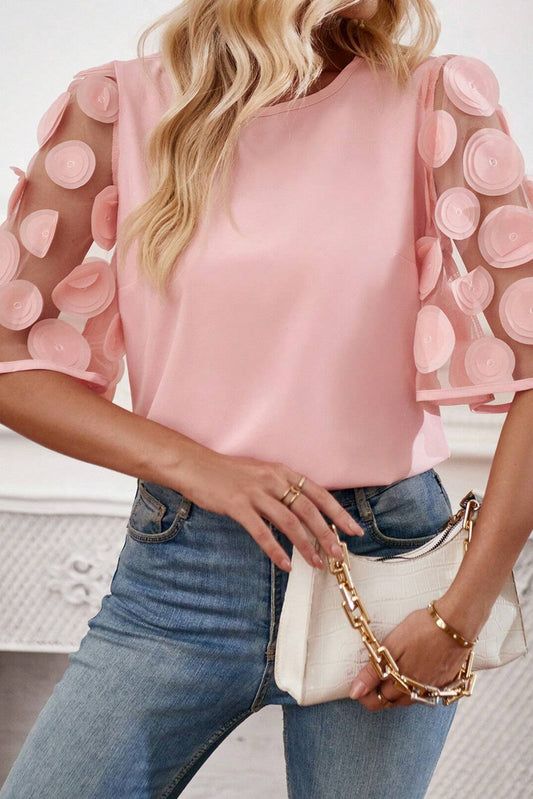 Dusty Pink Contrast Applique Mesh Half Sleeve Blouse Pre Order Tops JT's Designer Fashion