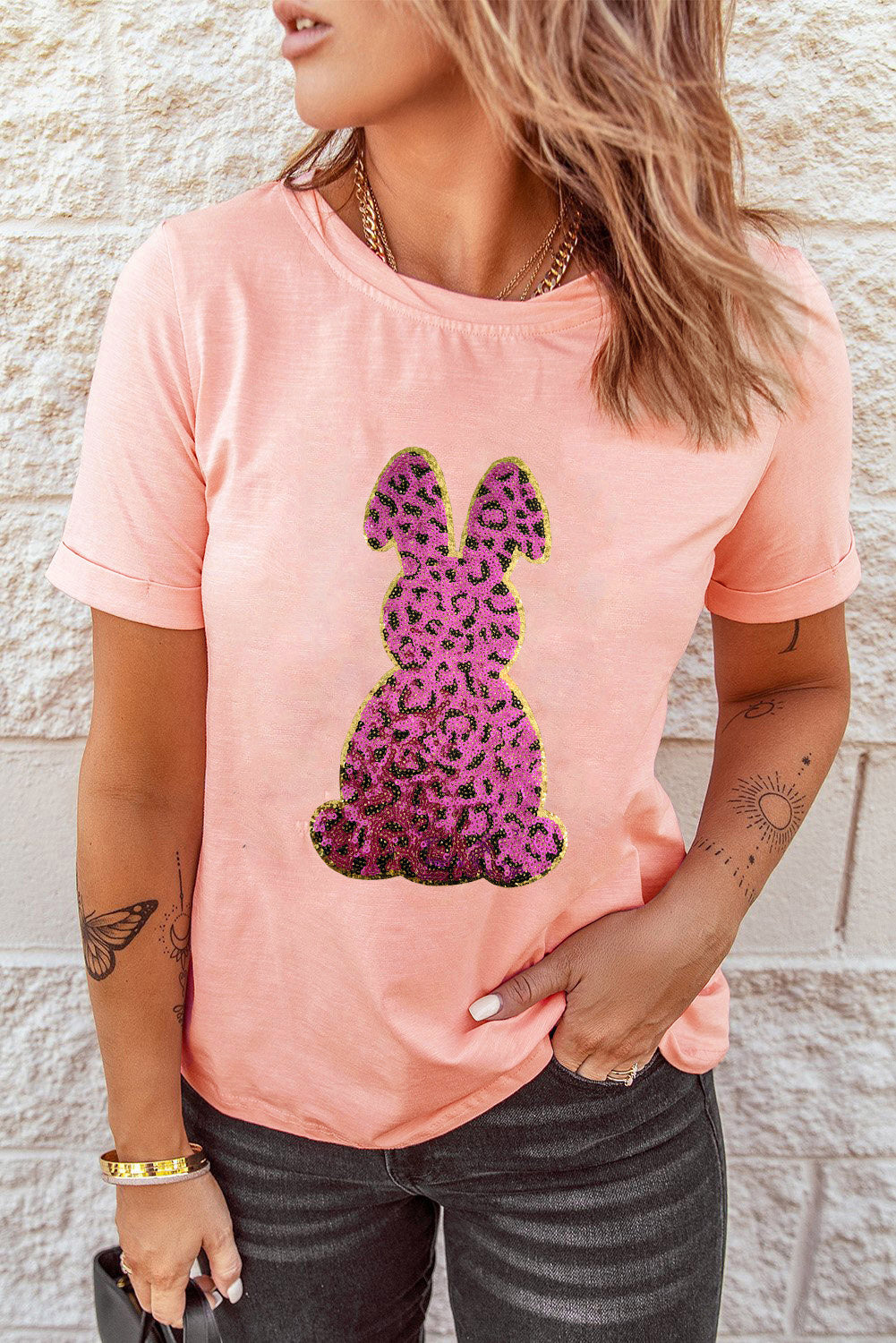 Pink Sequined Leopard Bunny Easter Graphic Tee Graphic Tees JT's Designer Fashion