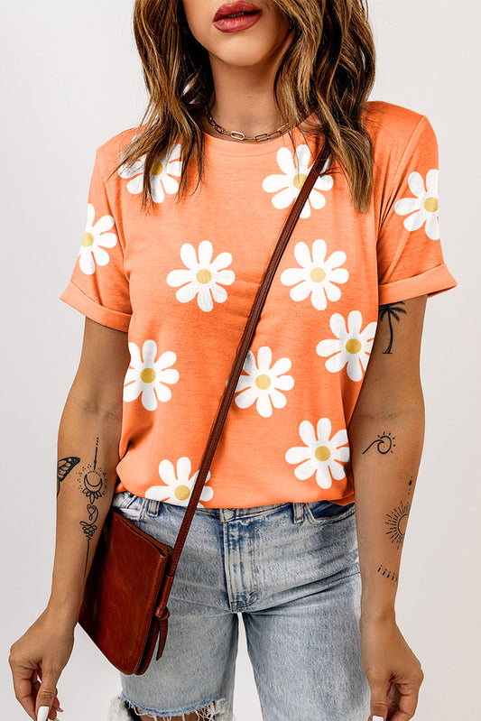Orange Daisy Printed Crewneck T Shirt Pre Order Tops JT's Designer Fashion
