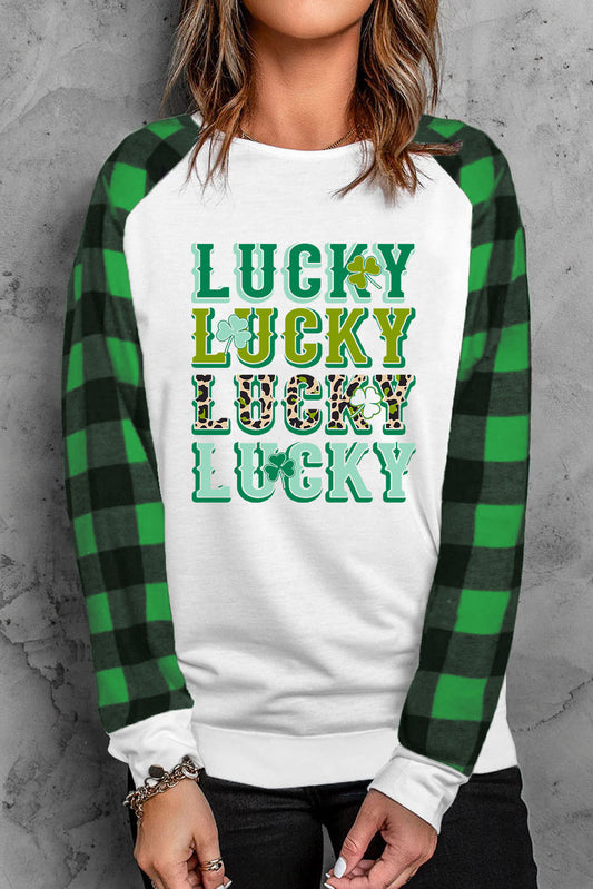 Green LUCKY Clover Print Plaid Raglan Sleeve Sweatshirt Green 95%Polyester+5%Spandex Graphic Sweatshirts JT's Designer Fashion